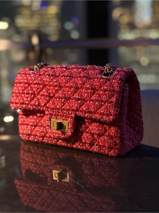 CHANEL Handbags - Chanel Tweed Quilted Mini 2.55 Reissue Flap Red Pink Slight Shine Bag In EUC
